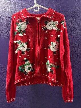 Women's Red Snowman Zip-Up Holiday Cardigan